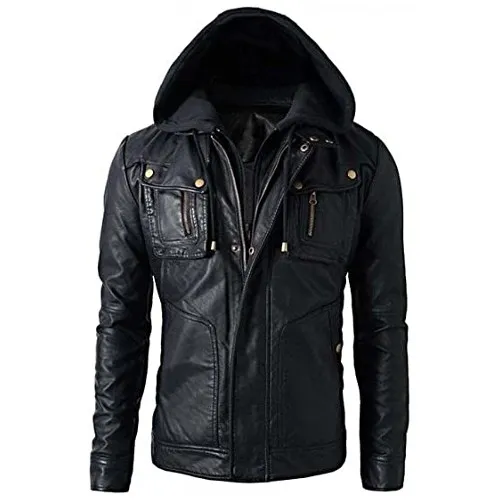 Men’s Slim Fit Hooded Biker Leather Jacket