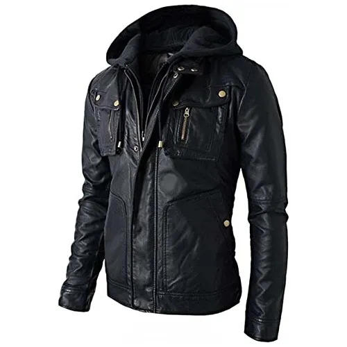 Men’s Slim Fit Hooded Biker Leather Jacket