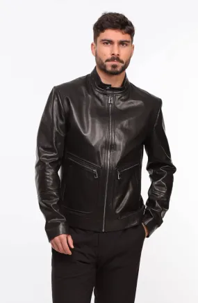 Men's black leather jacket \dukan\ motorcycle style