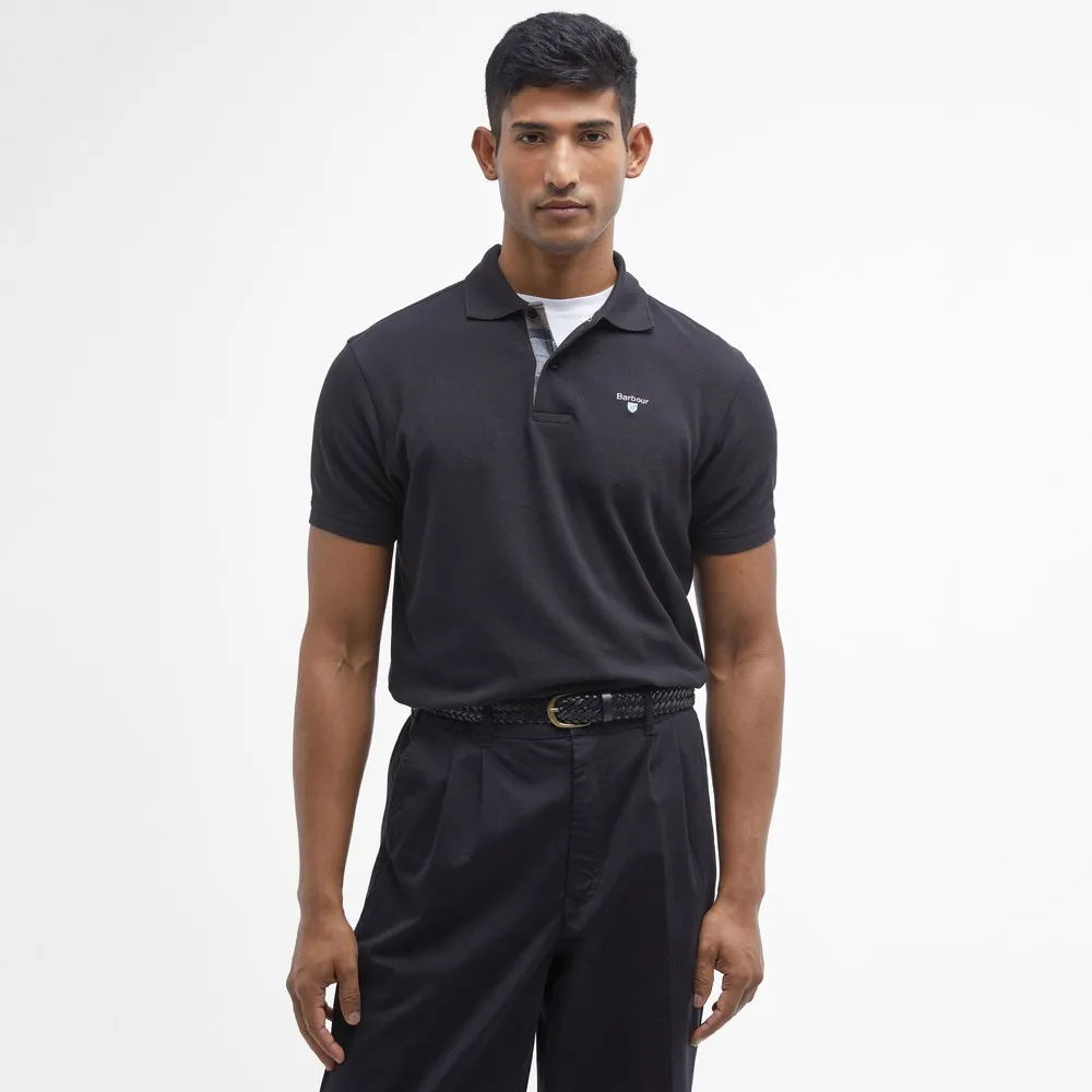 Mens Black Tartan Pique Polo