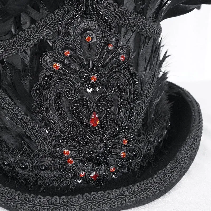 Men's Gothic Floral Embroidered Feather Top Hat