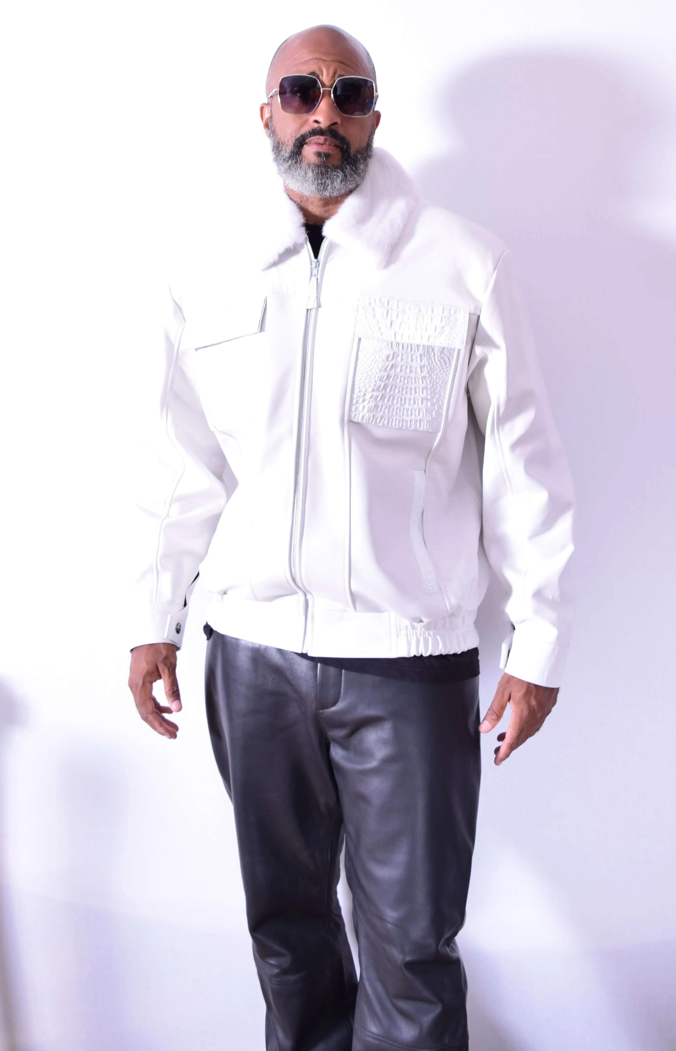 Men's Leather Jacket With Alligator Trimming & Mink Collar Style #2077