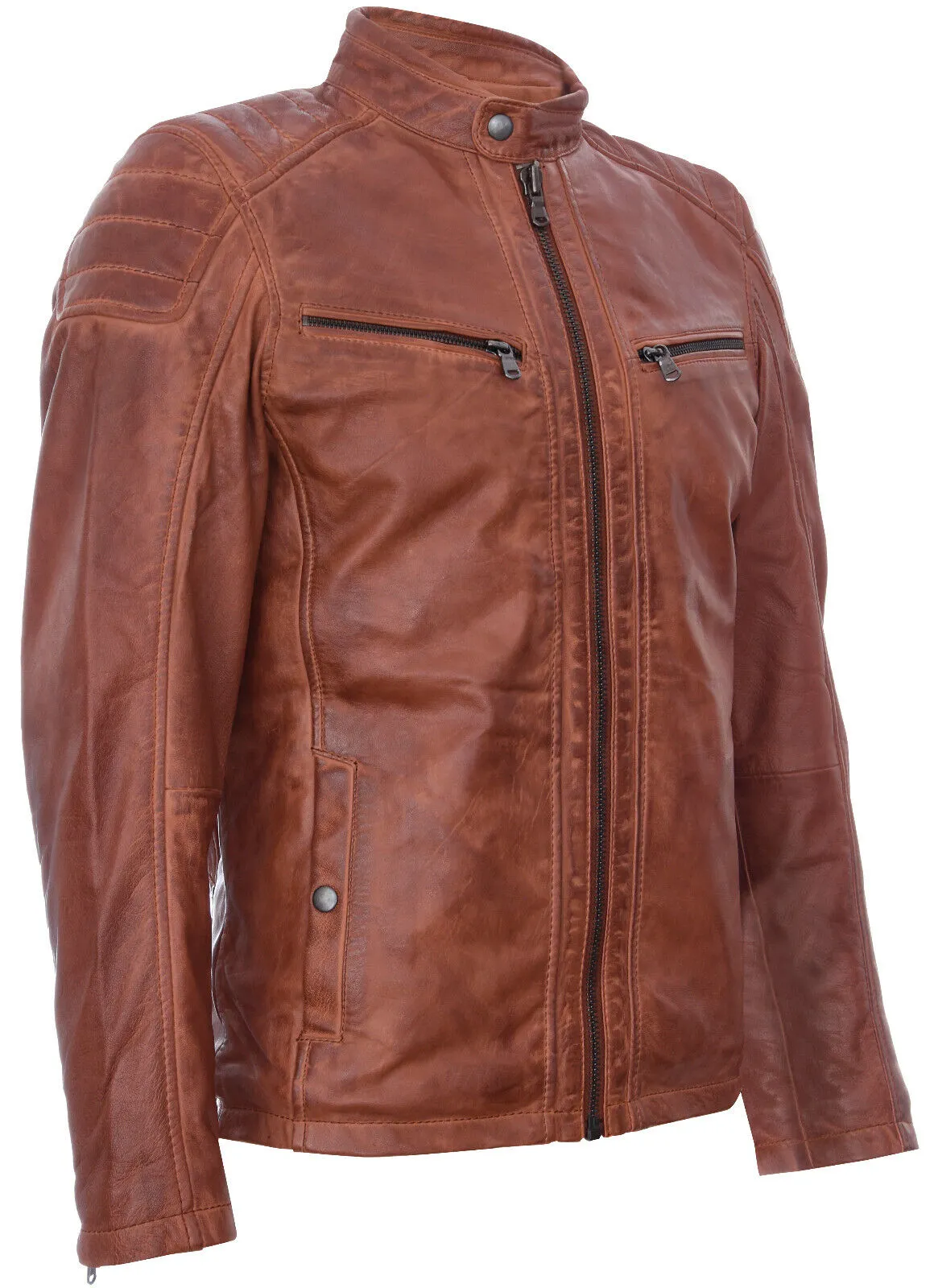 Mens Leather Vintage Quilted Racing Zipped Biker Jacket