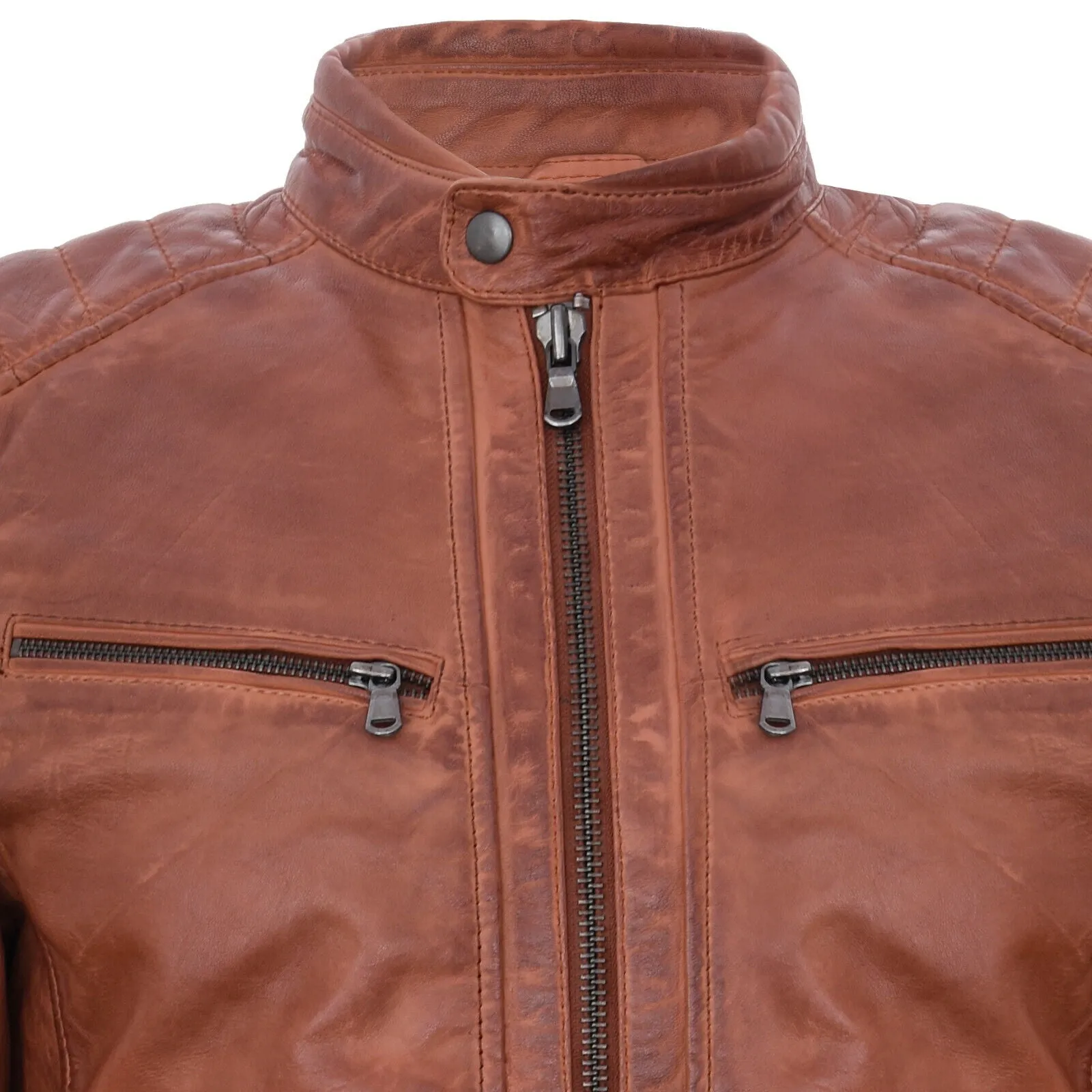 Mens Leather Vintage Quilted Racing Zipped Biker Jacket