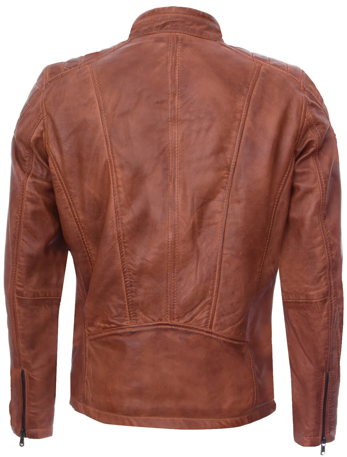 Mens Leather Vintage Quilted Racing Zipped Biker Jacket