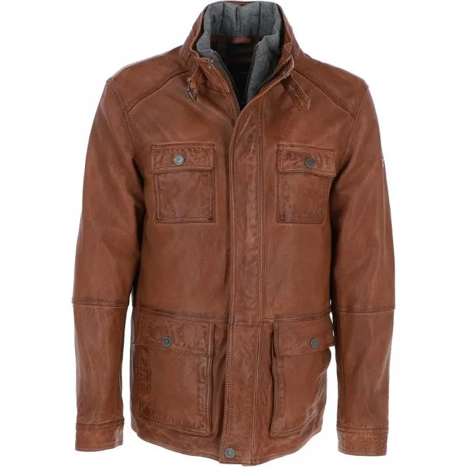 Mens Nappa Leather Detachable Double Collar Jacket Cognac: TRAP-RYAN