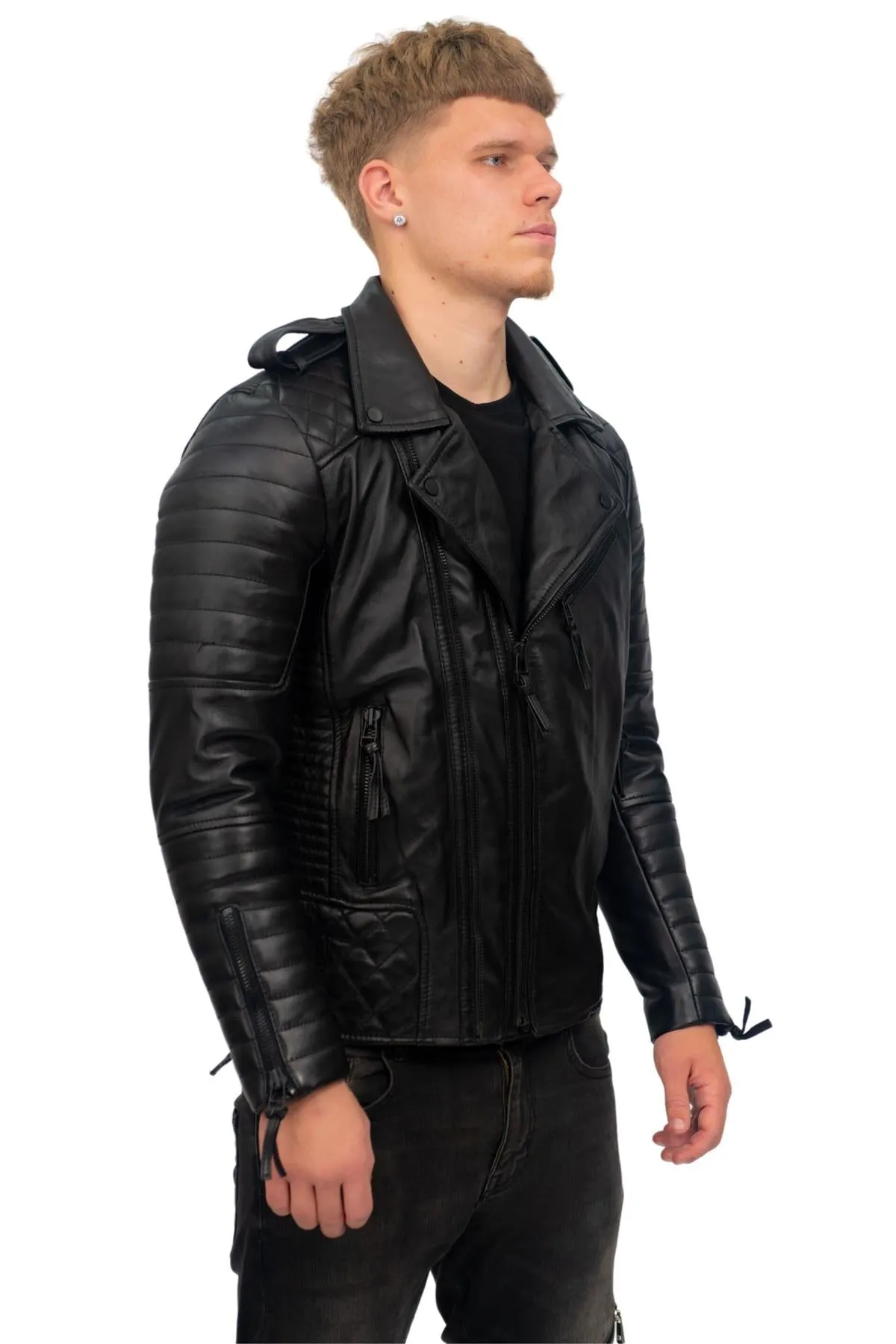 Mens Slim-Fit Double Zip Brando Leather Biker Jacket-Cairo