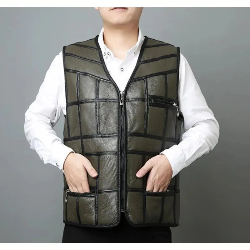 Men's Synthetic Leather Leisure Spliced Sleeveless V-Neck Vest Coat