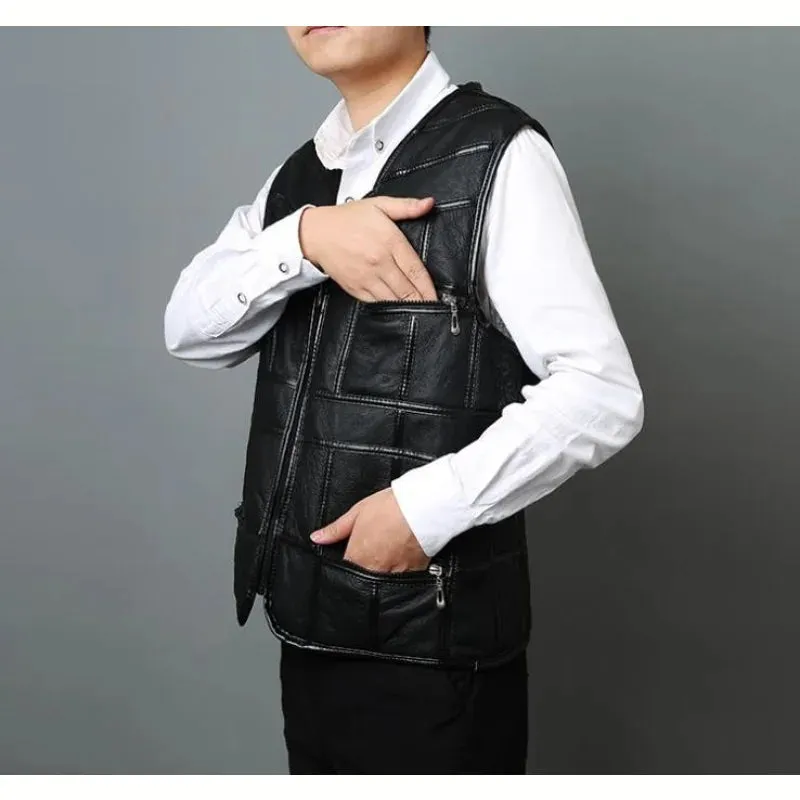 Men's Synthetic Leather Leisure Spliced Sleeveless V-Neck Vest Coat