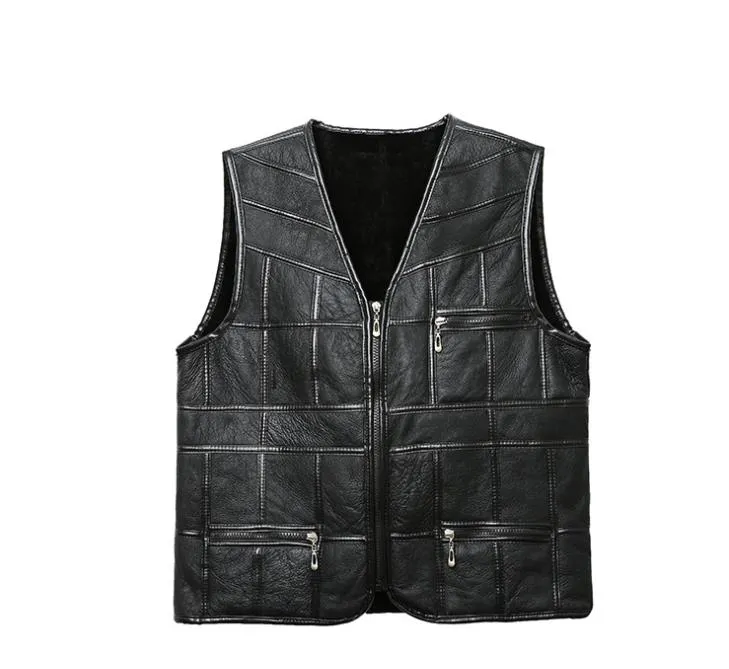 Men's Synthetic Leather Leisure Spliced Sleeveless V-Neck Vest Coat