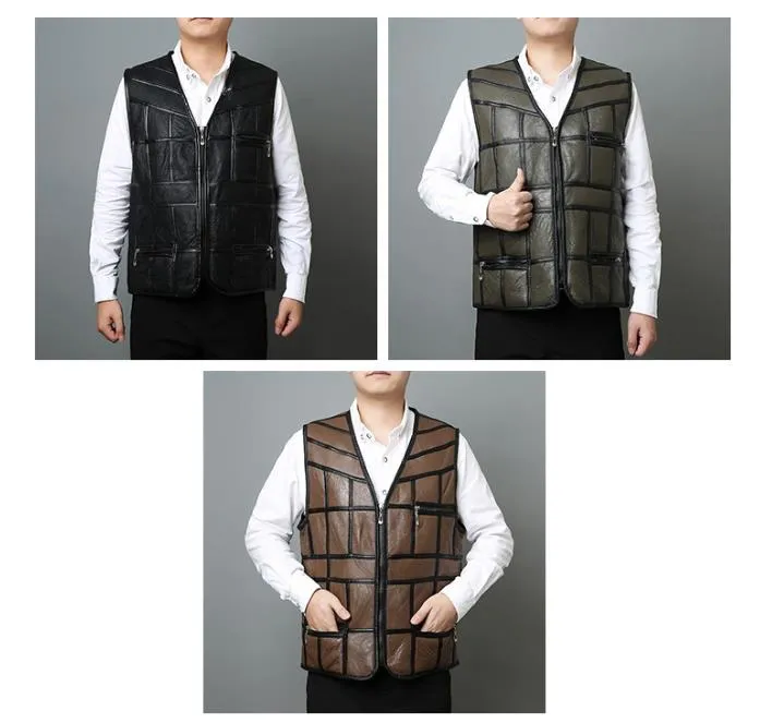 Men's Synthetic Leather Leisure Spliced Sleeveless V-Neck Vest Coat