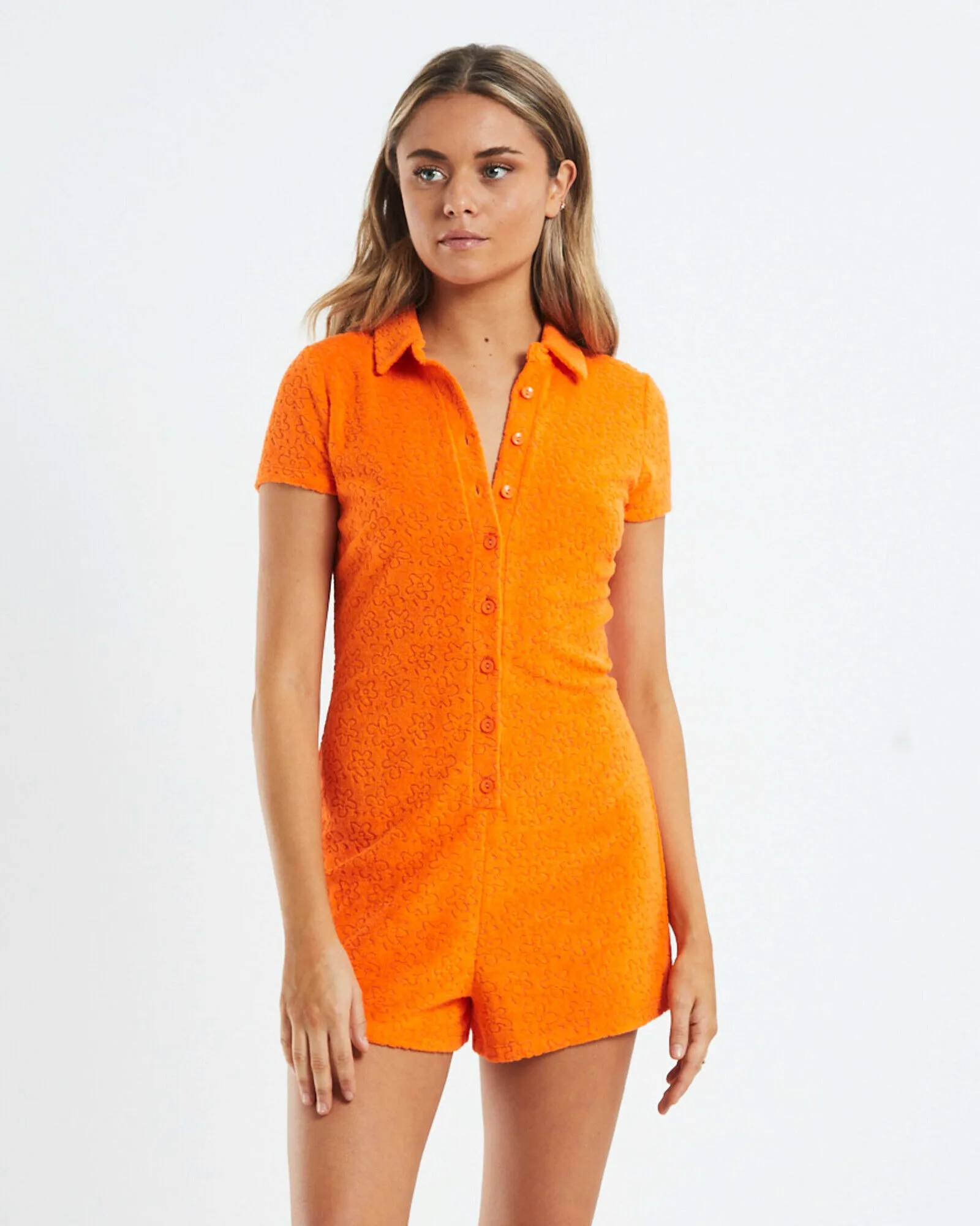 Neon Hart Tiana Fitted Textured Romper Flame Orange