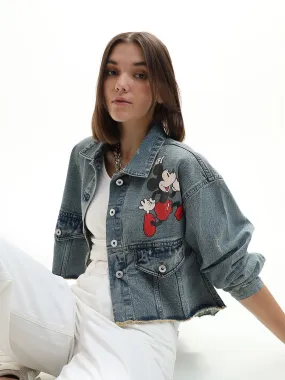 ONLY X MICKEY Blue Printed Vintage Cropped Jacket