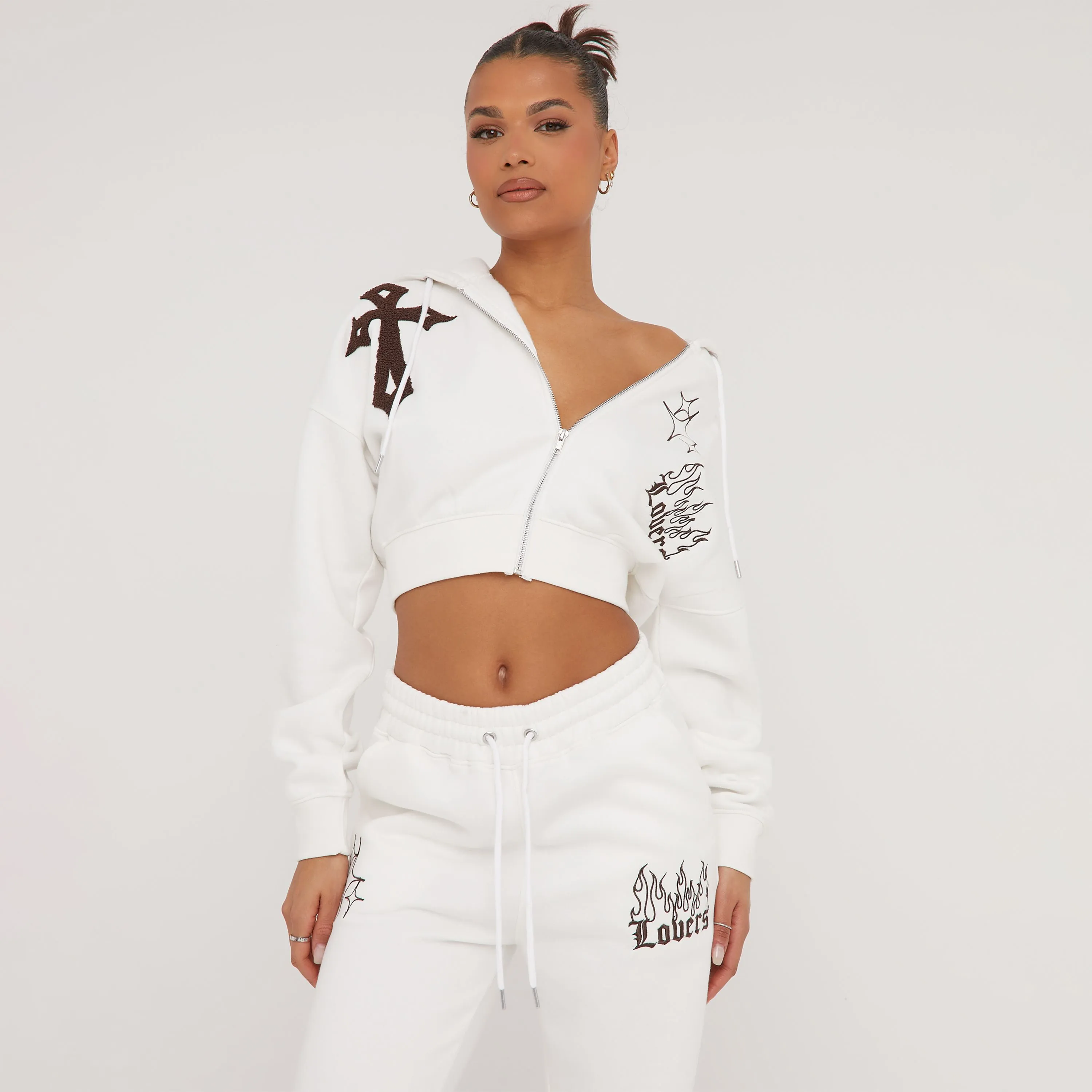 Oversized Crucifix Graphic Zip Through Cropped Jacket In Cream