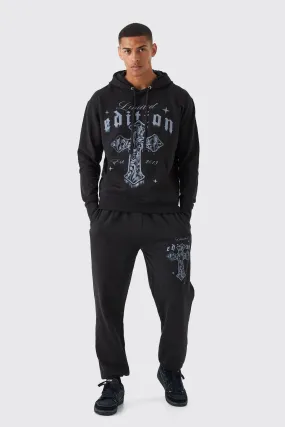 Oversized Gothic Print Hooded Tracksuit