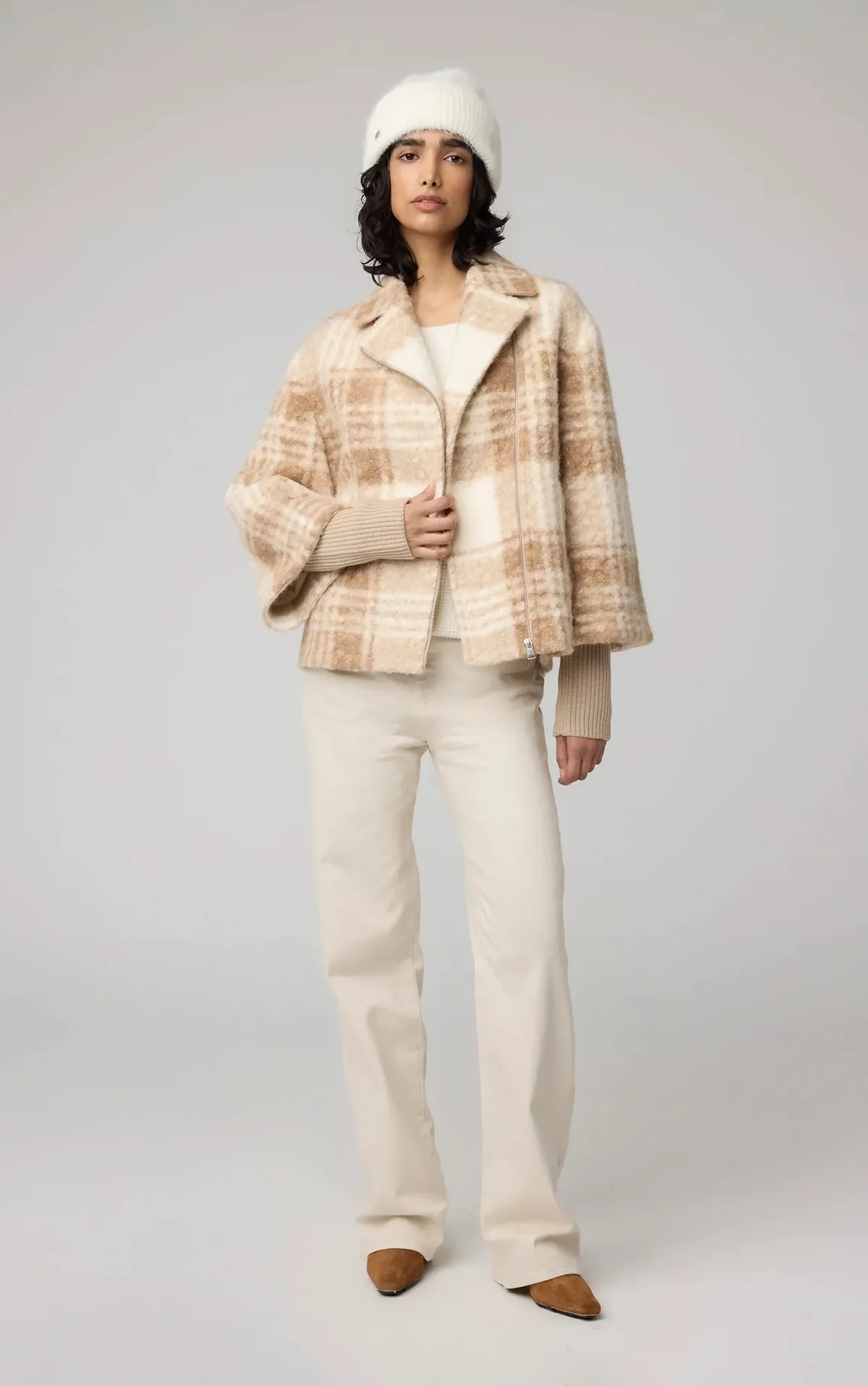 Pauline Relaxed-Fit Plaid Jacket With Biker Collar - Cream Plaid