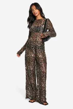 Petite Sheer Leopard Print Crushed Lace Wide Leg Trousers