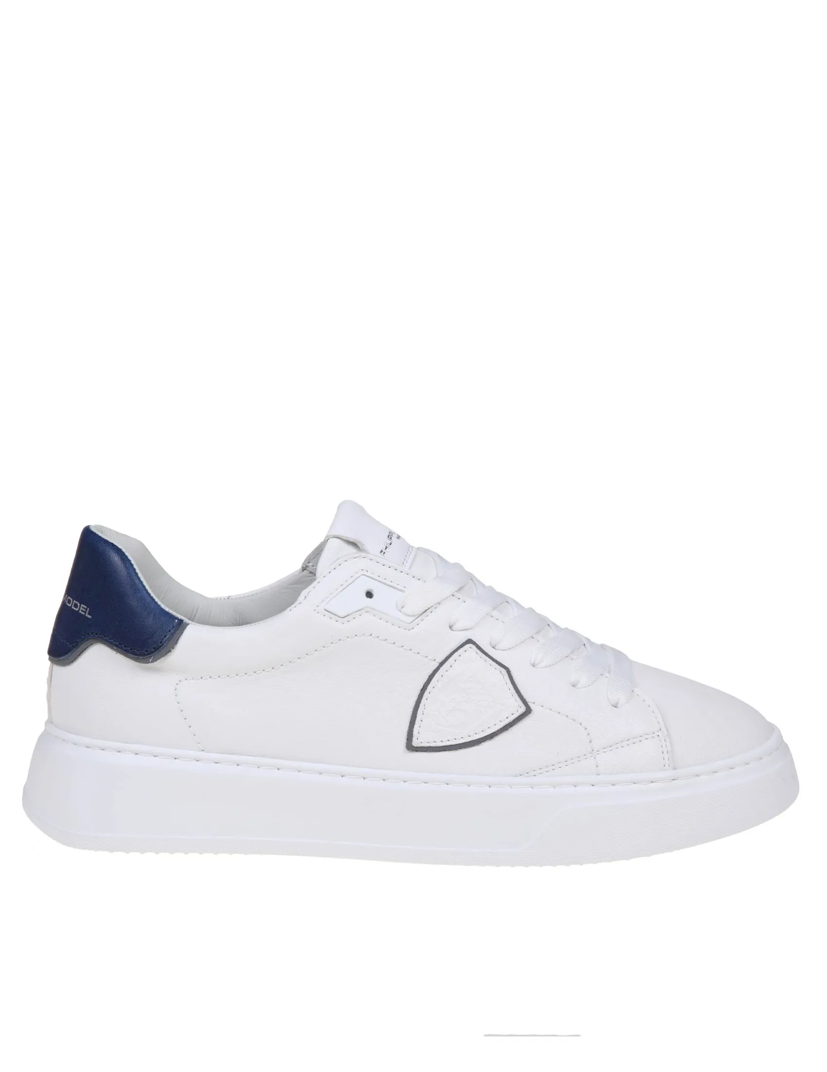 PHILIPPE MODEL TEMPLE SNEAKERS IN WHITE/BLUE LEATHER