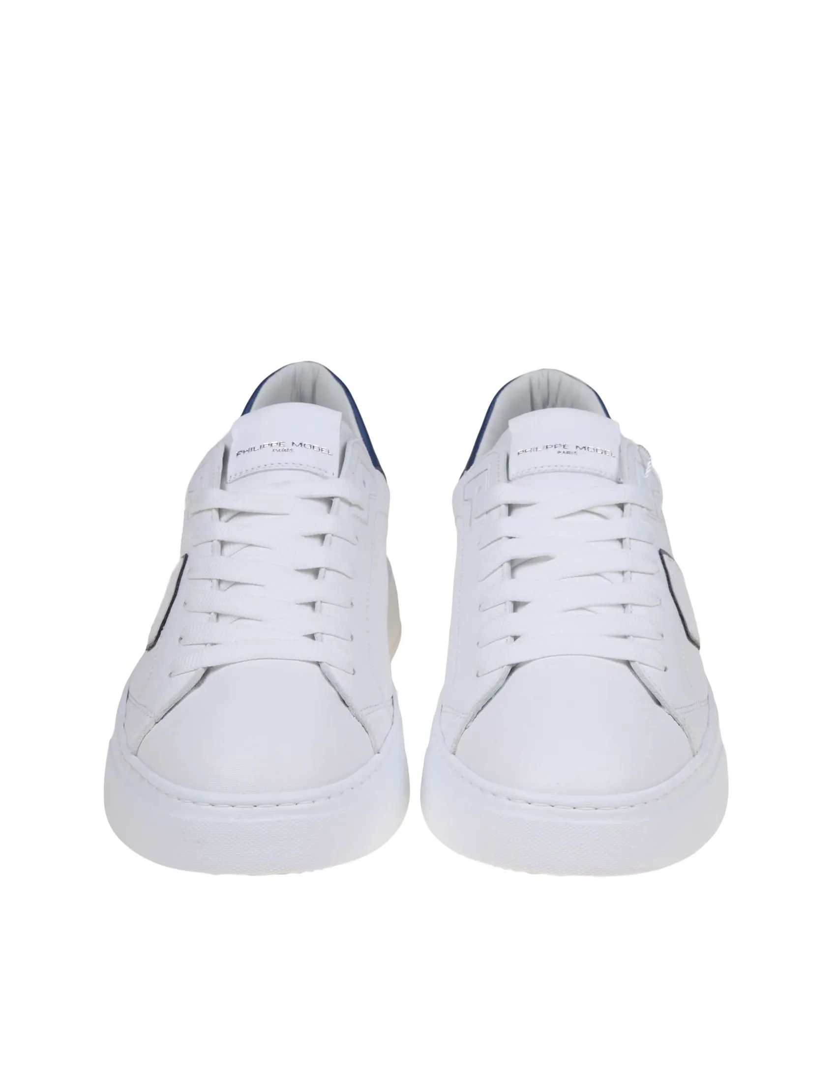 PHILIPPE MODEL TEMPLE SNEAKERS IN WHITE/BLUE LEATHER