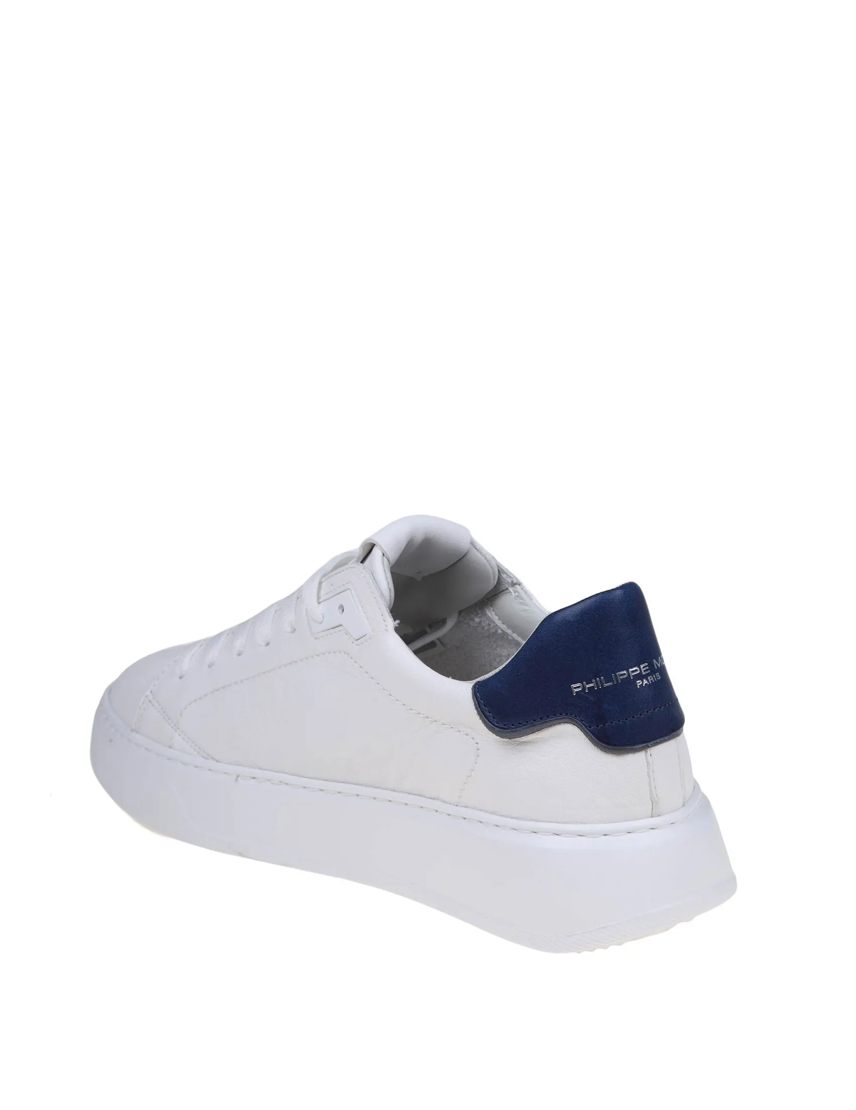 PHILIPPE MODEL TEMPLE SNEAKERS IN WHITE/BLUE LEATHER