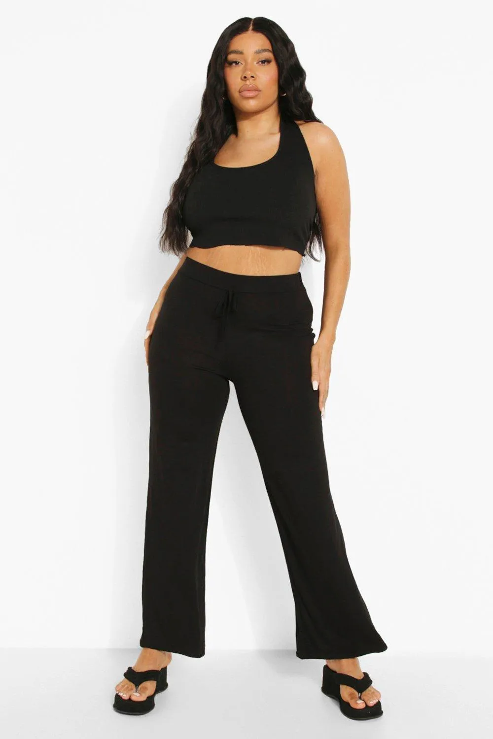 Plus Jersey Drawstring  Wide Leg Joggers