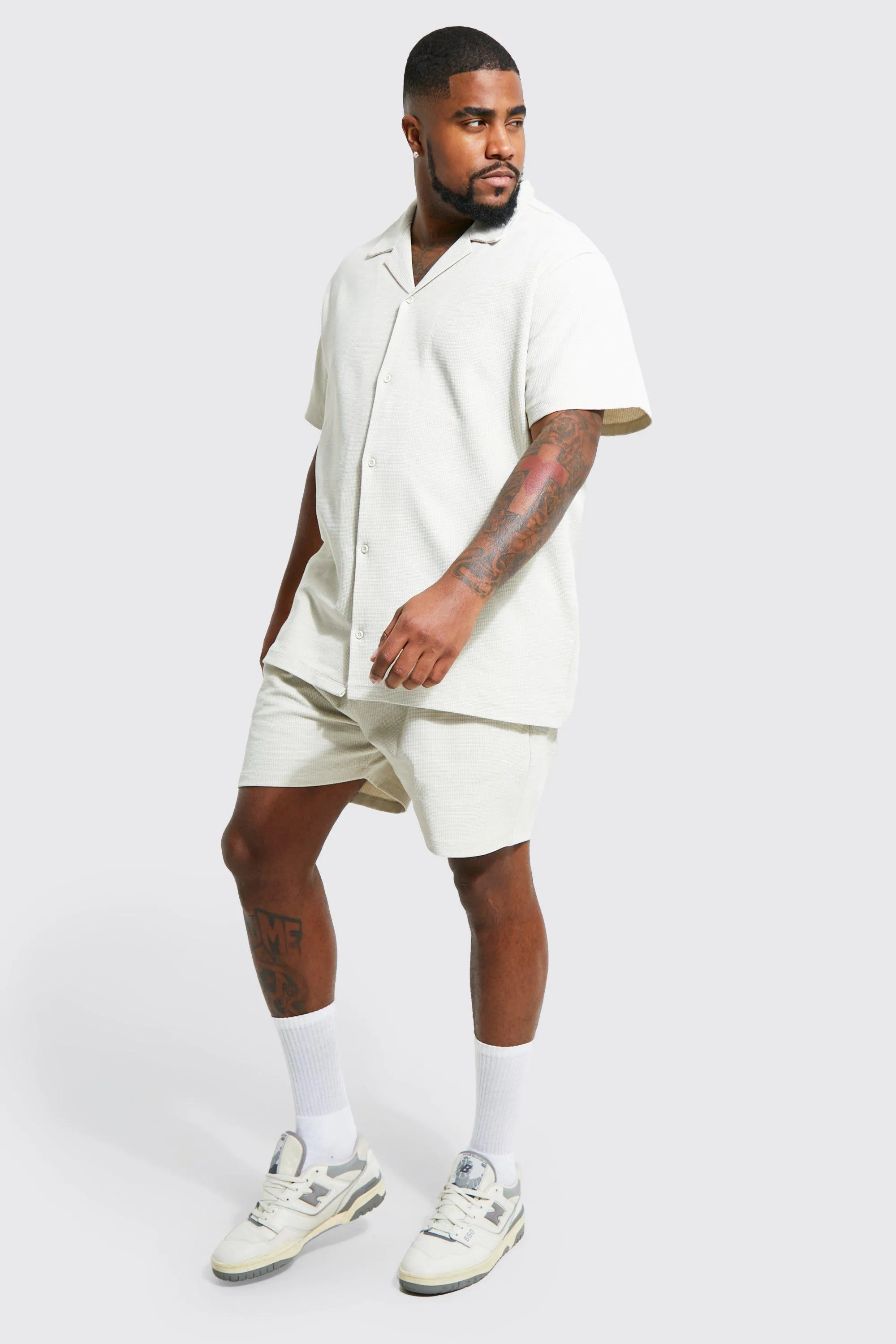 Plus Short Sleeve Waffle Shirt And Short Set | boohooMAN UK