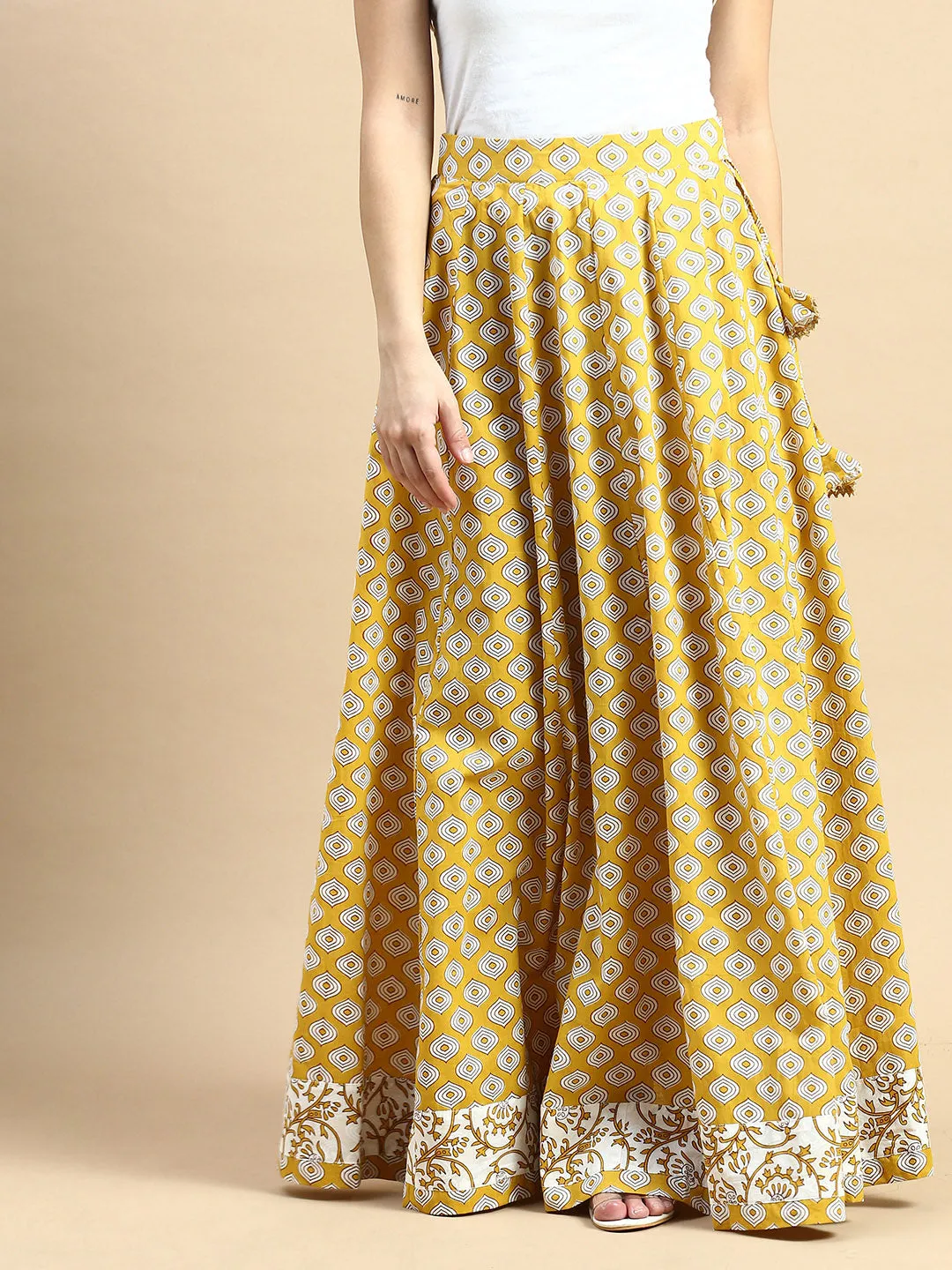 Printed Cotton Skirt-Mustard