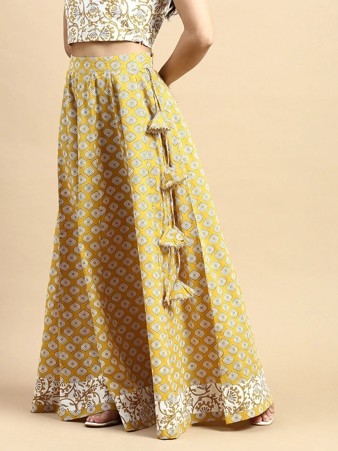 Printed Cotton Skirt-Mustard