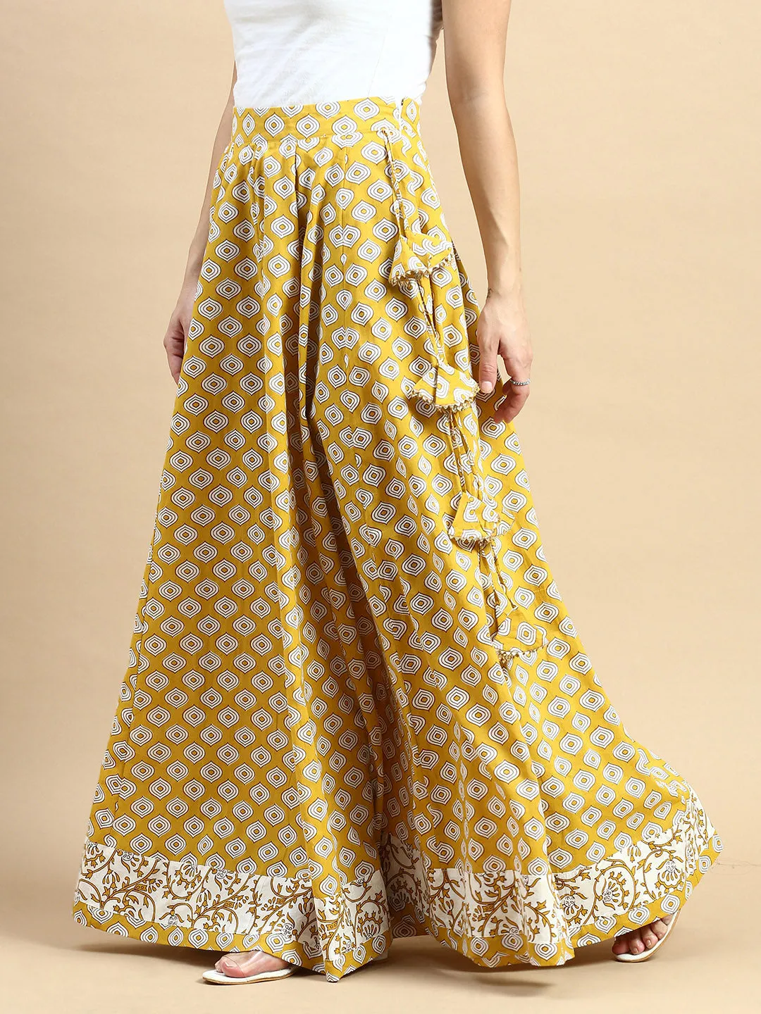 Printed Cotton Skirt-Mustard