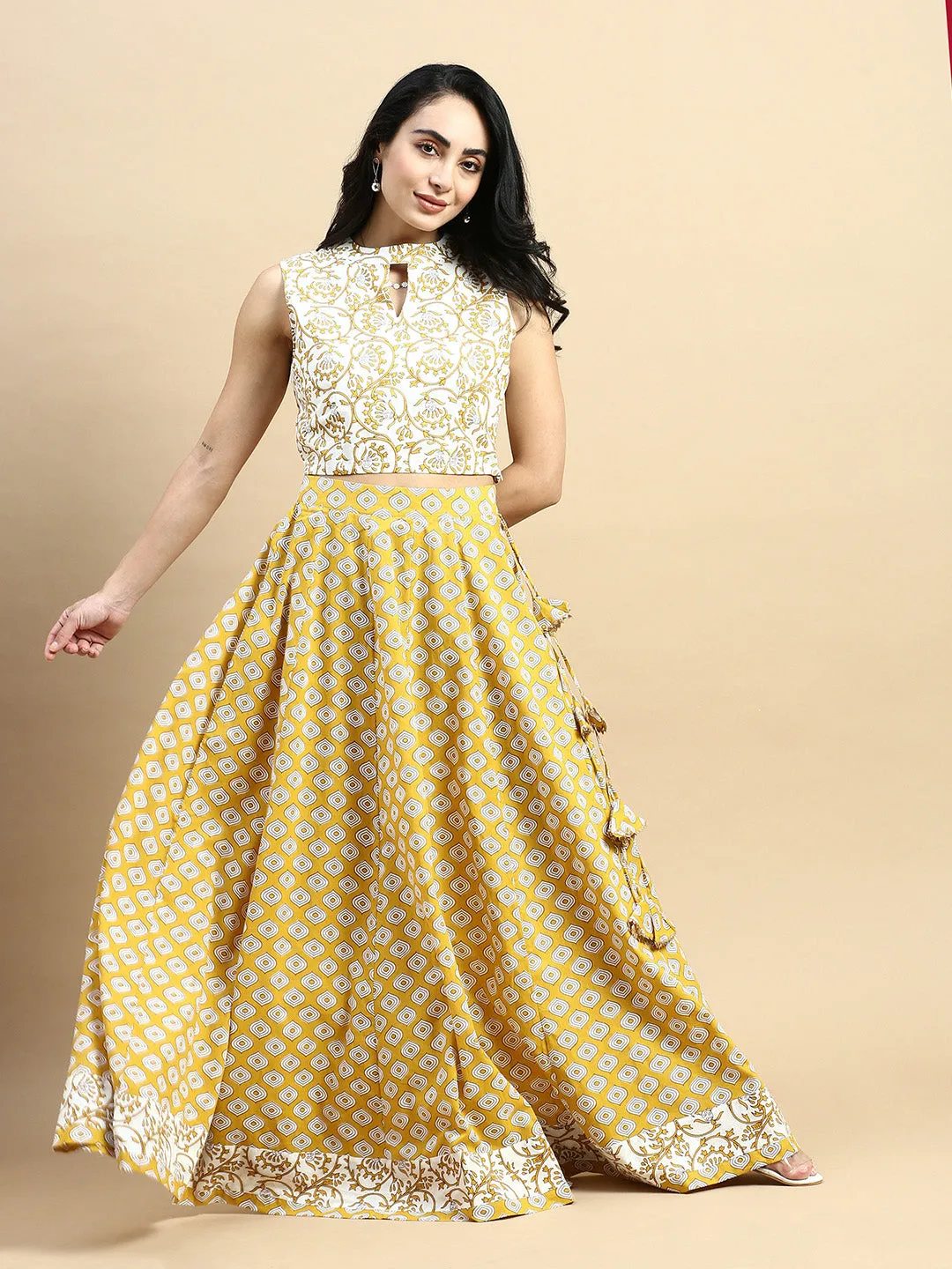 Printed Cotton Skirt-Mustard