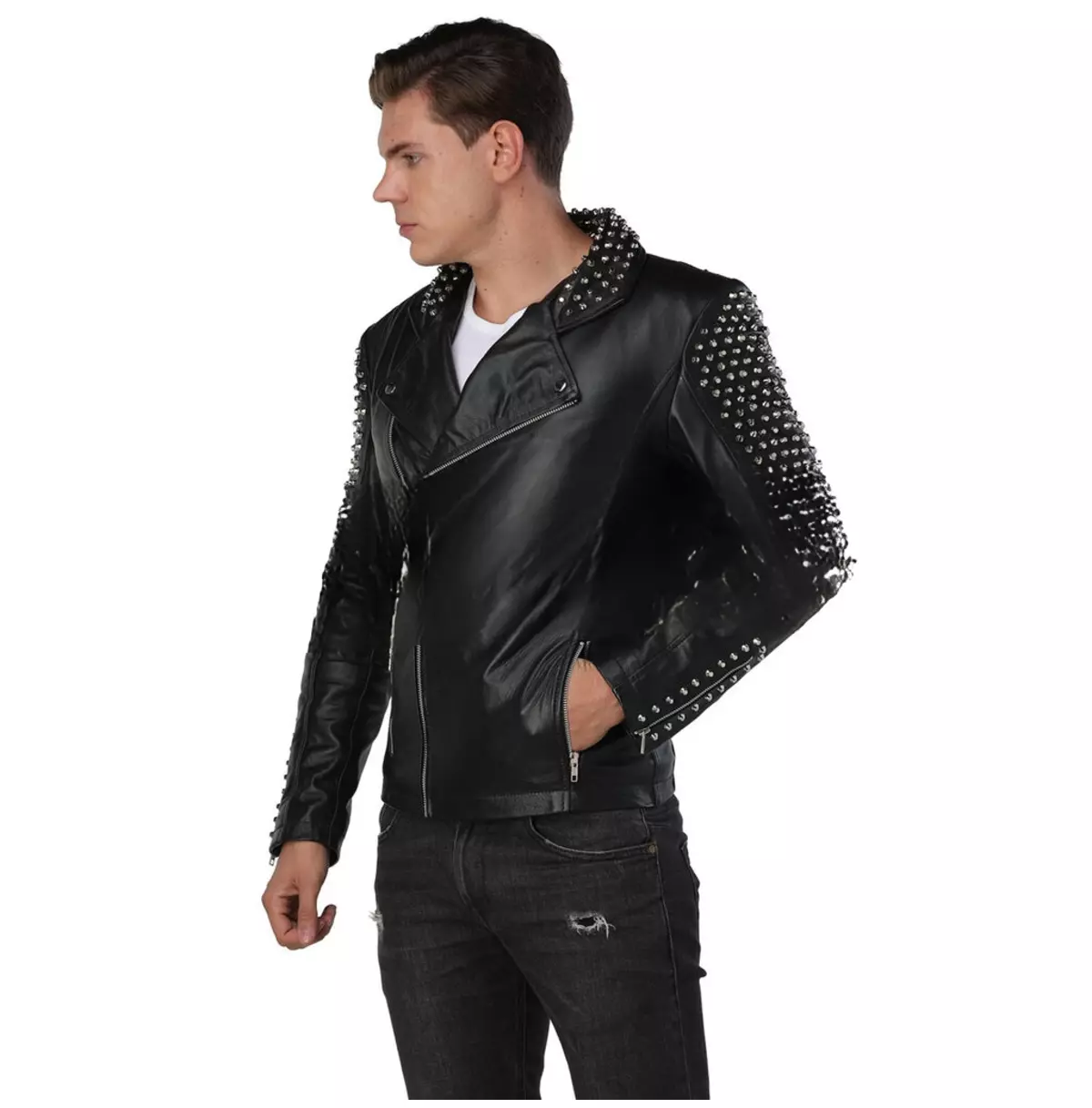 Punk Men's Asymmetrical Black Leather Jacket With Studded Zippers