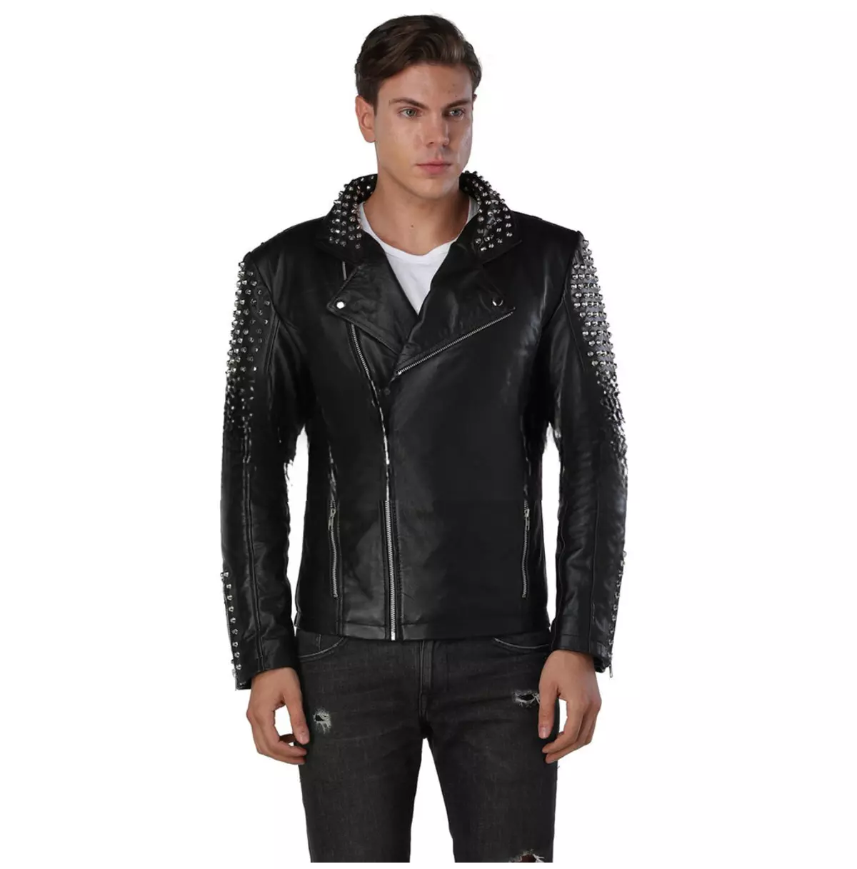 Punk Men's Asymmetrical Black Leather Jacket With Studded Zippers