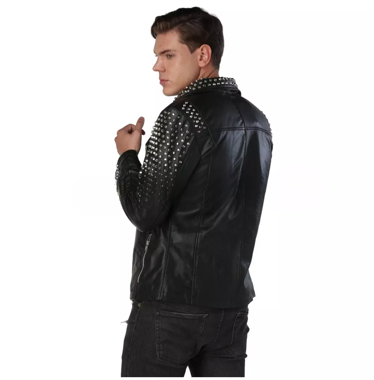 Punk Men's Asymmetrical Black Leather Jacket With Studded Zippers