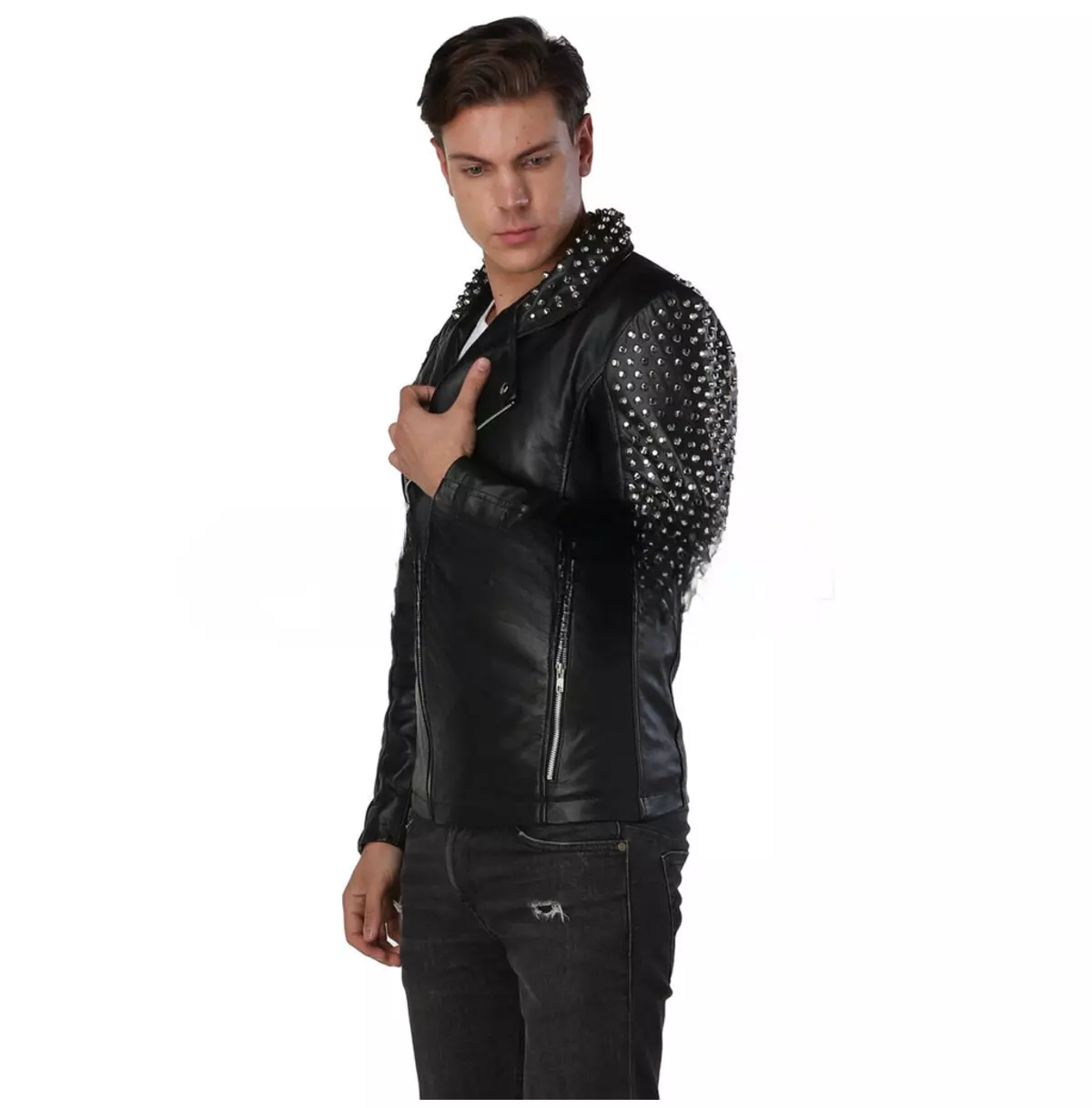 Punk Men's Asymmetrical Black Leather Jacket With Studded Zippers