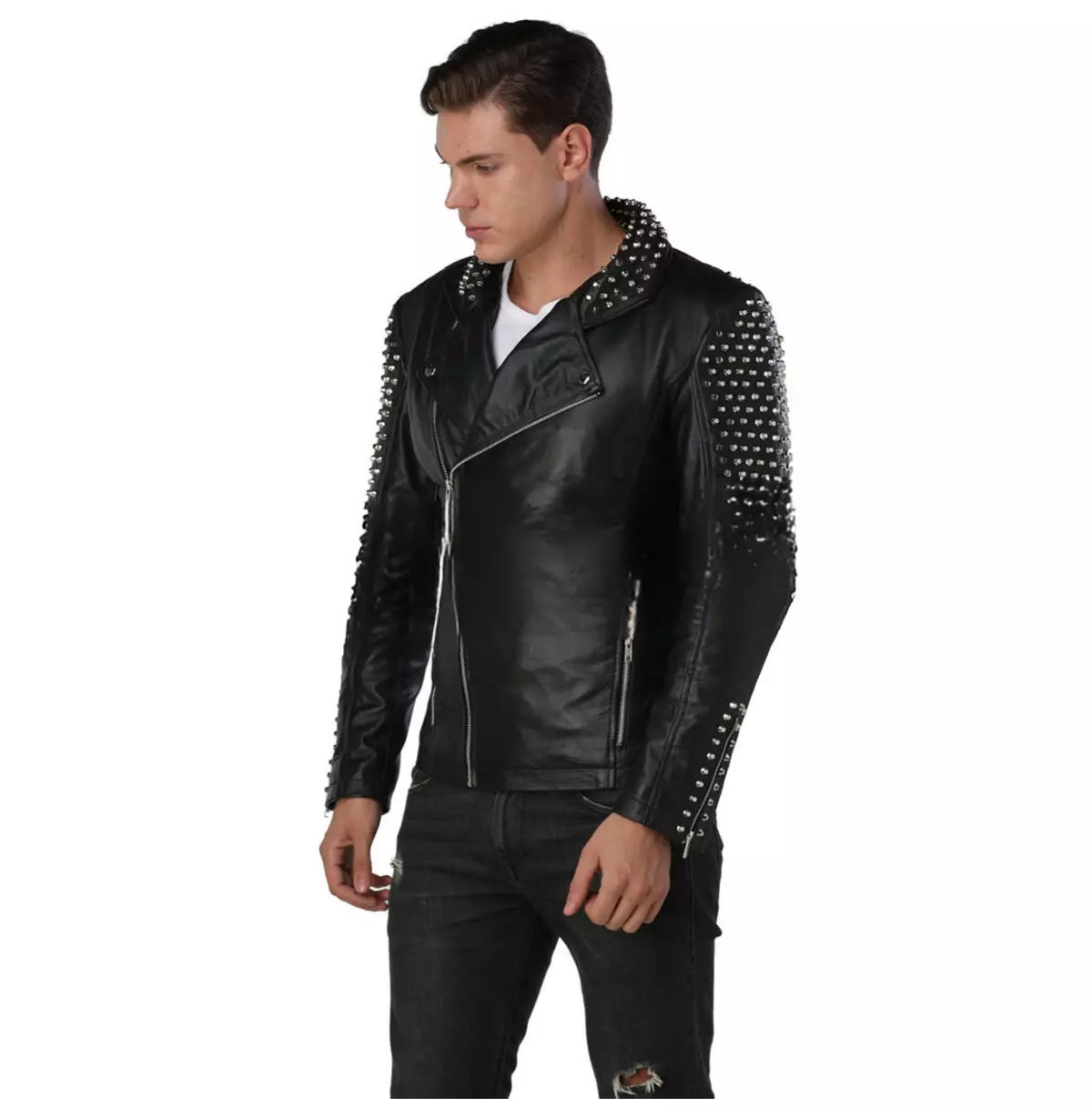 Punk Men's Asymmetrical Black Leather Jacket With Studded Zippers