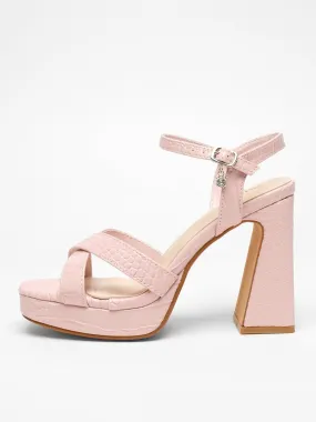 Quiz Light Pink Crocodile Cross Strap Platform Heeled Sandals