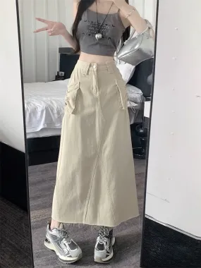 Raw edge denim skirt women's workwear skirt 2024 summer new high waist covering the flesh and slimming A-line skirt long skirt