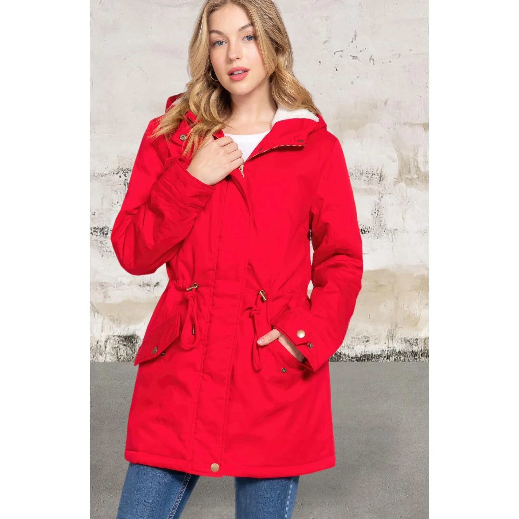 Red Fleece Lined Fur Hoodie  Jacket