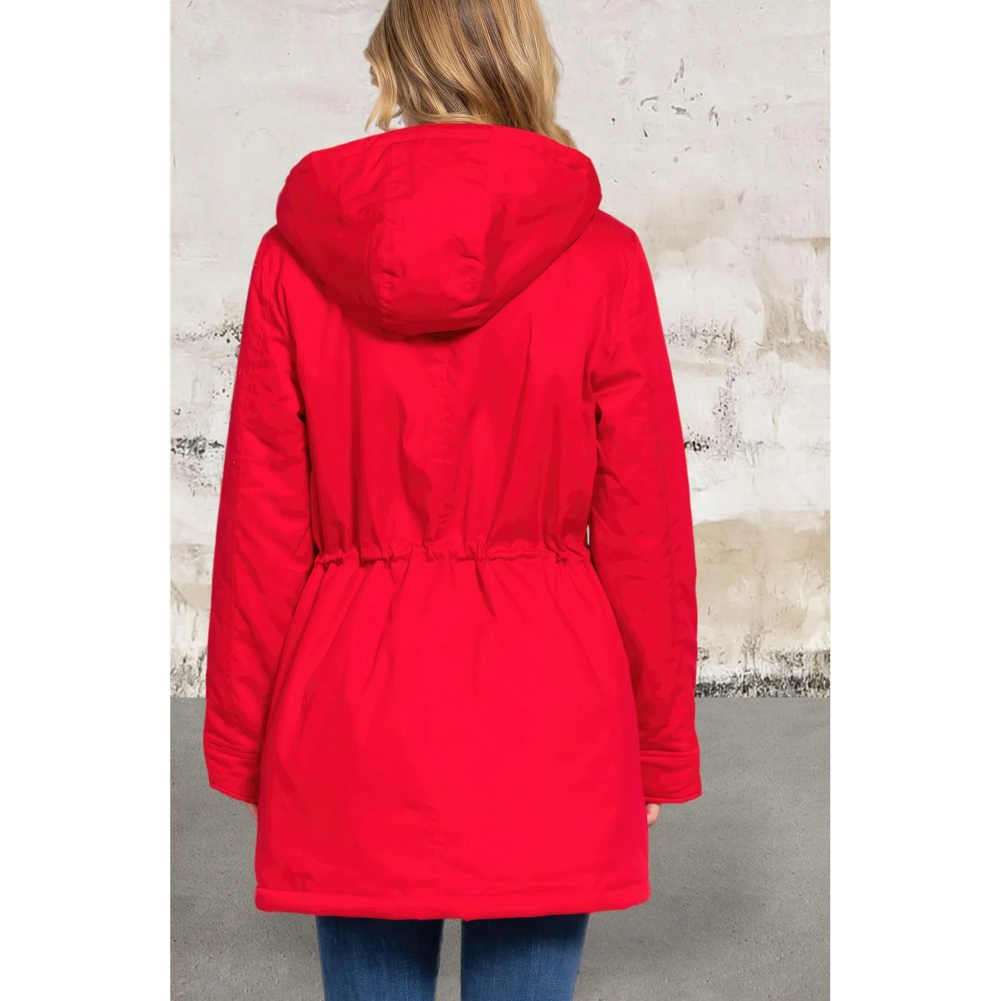 Red Fleece Lined Fur Hoodie  Jacket