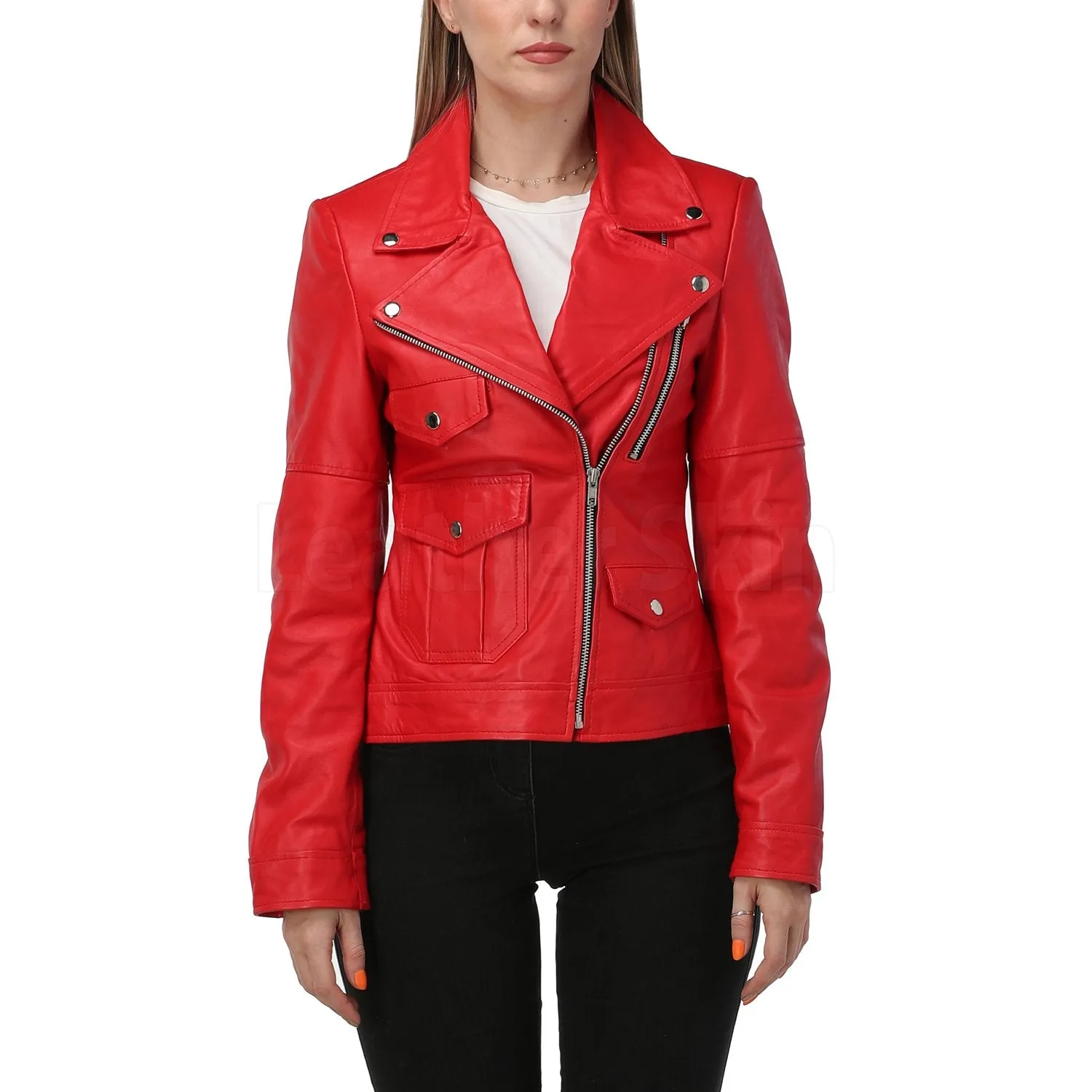 Red Leather Jacket with Classic Collar - Leather Skin Shop