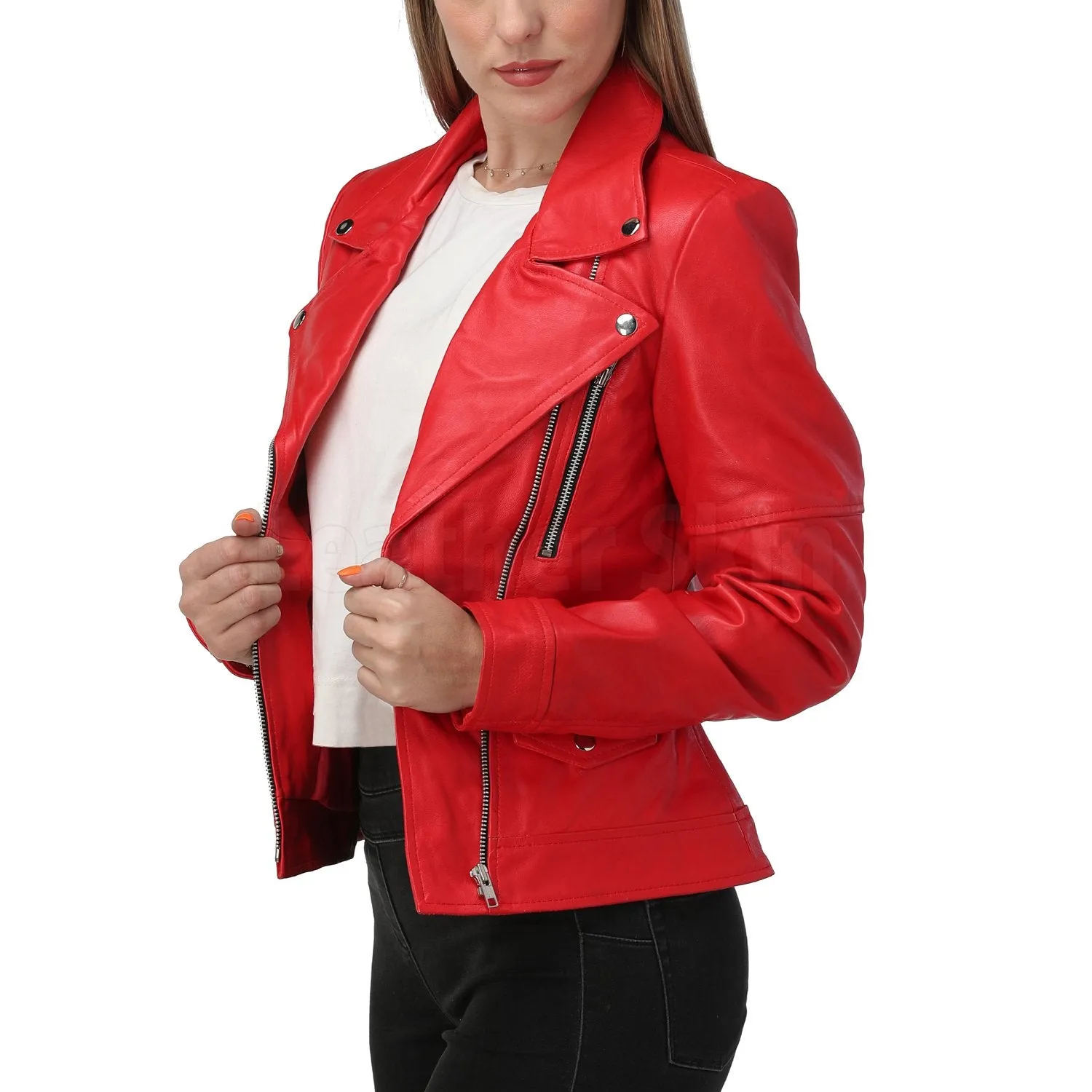 Red Leather Jacket with Classic Collar - Leather Skin Shop