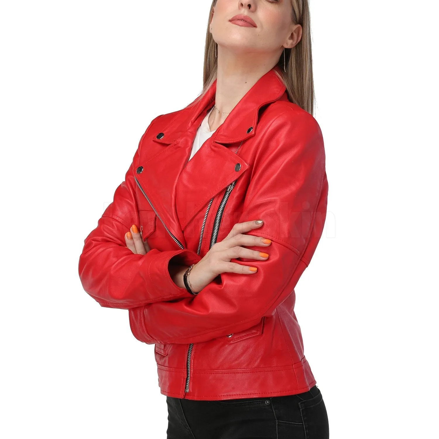 Red Leather Jacket with Classic Collar - Leather Skin Shop