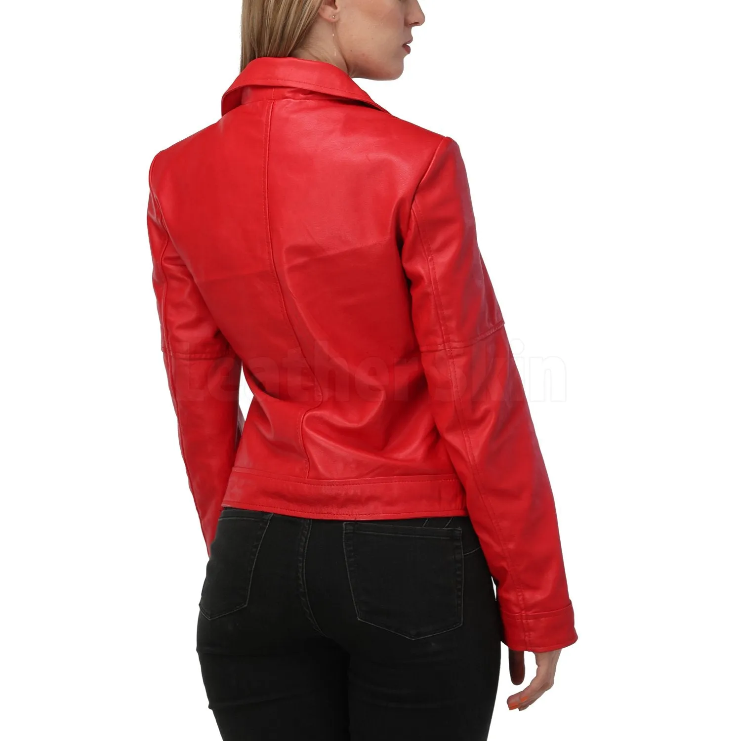 Red Leather Jacket with Classic Collar - Leather Skin Shop