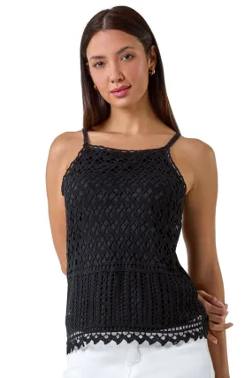 Roman Black Cotton Crochet Halter Neck Vest Top