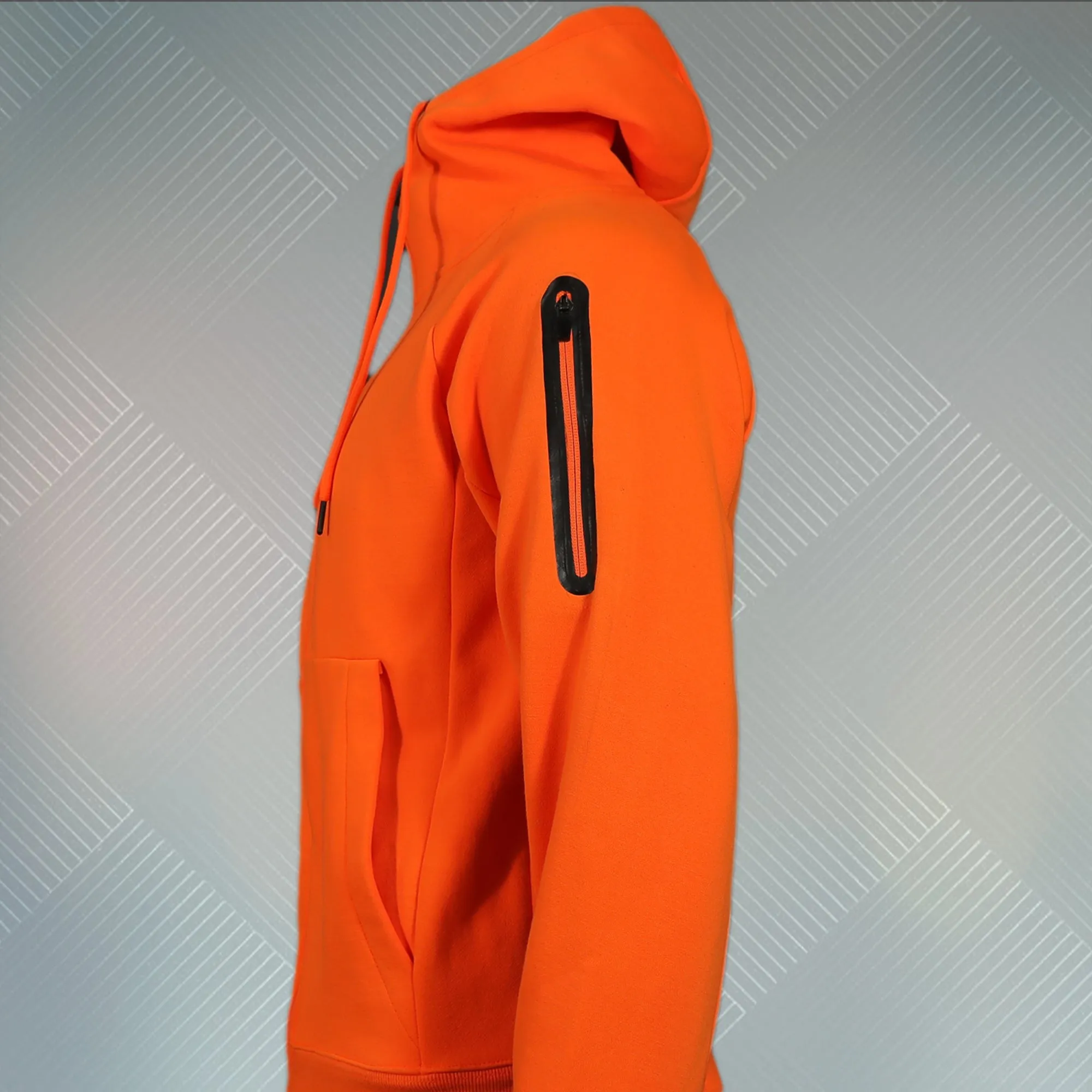 Safety Orange Unbasic Fleece Stash Pocket Sunset Park Tapered Zipper Hoodie | Fleece Safety Orange Hoodie