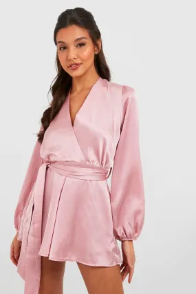 Satin Puff Sleeve Belted Romper