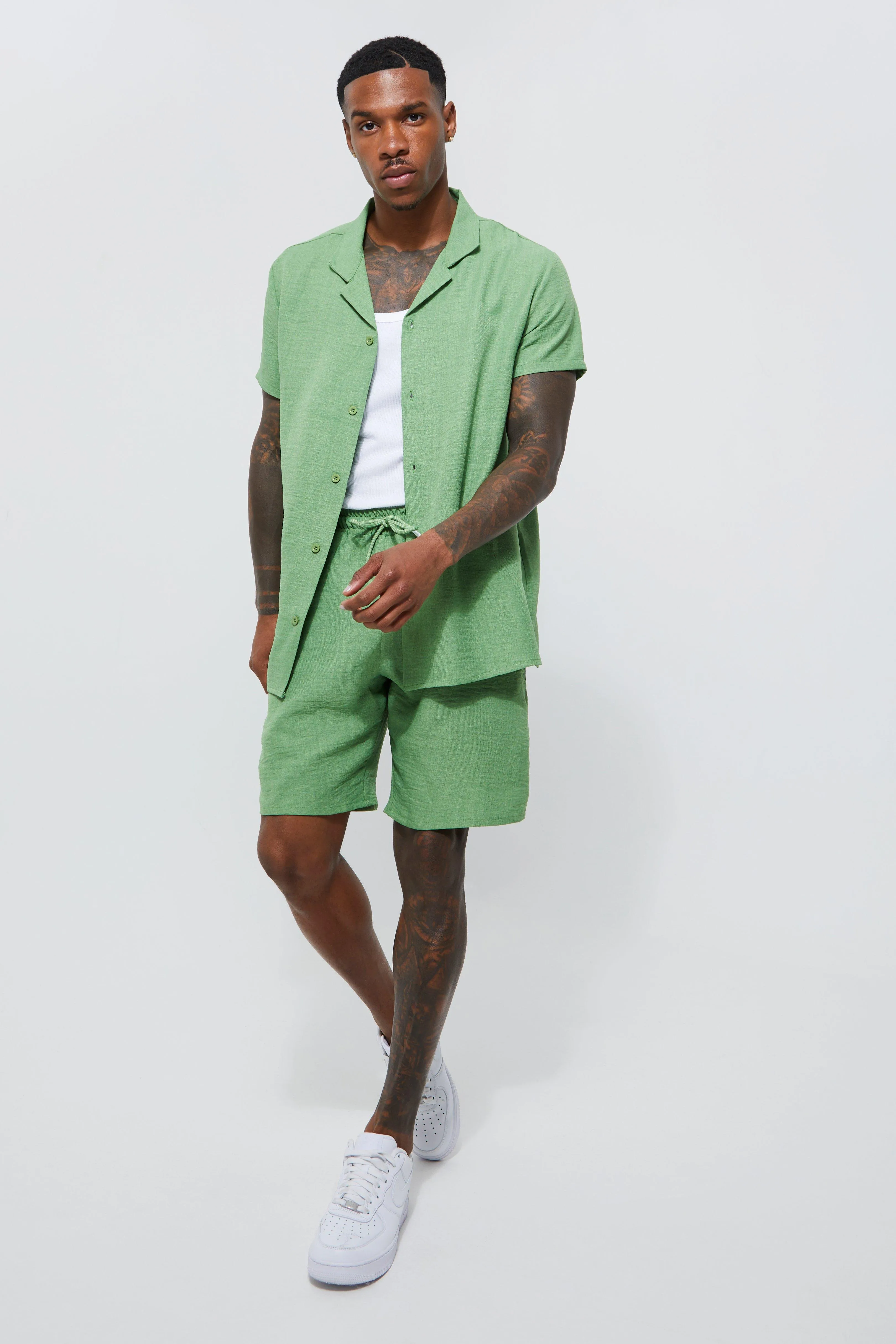 Short Sleeve Revere Linen Shirt And Short | boohooMAN UK