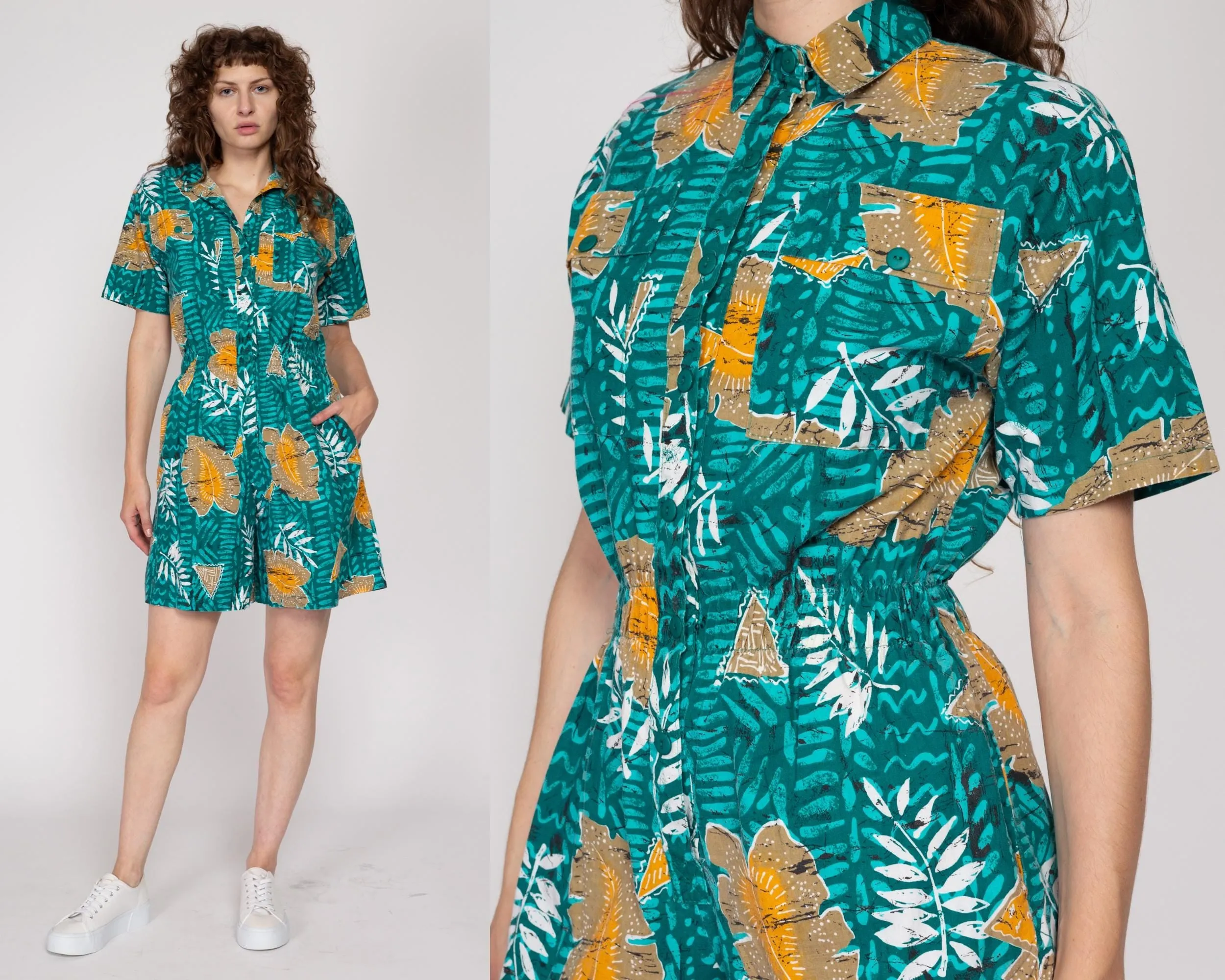 Small 90s Turquoise Tropical Leaf Print Cotton Romper