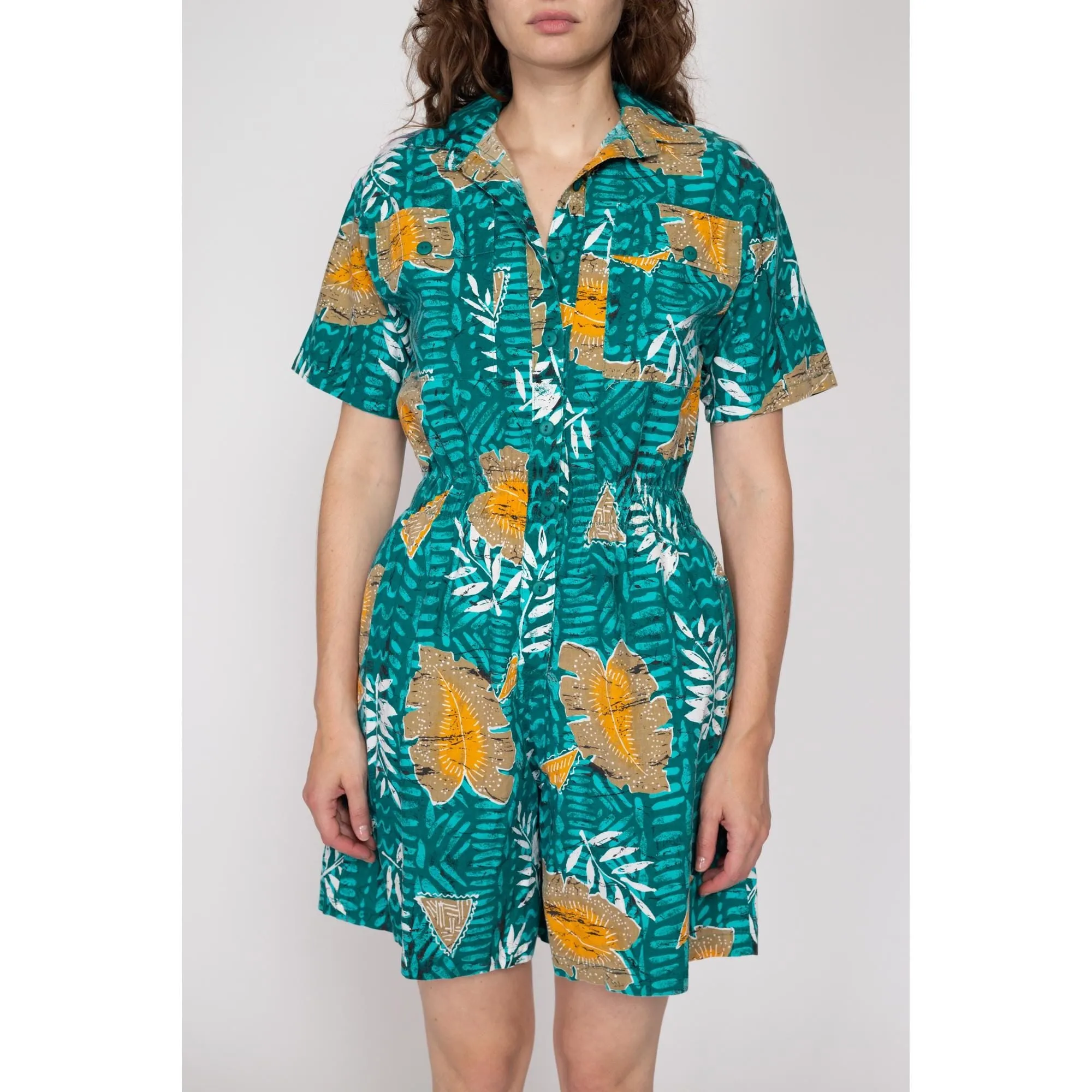 Small 90s Turquoise Tropical Leaf Print Cotton Romper