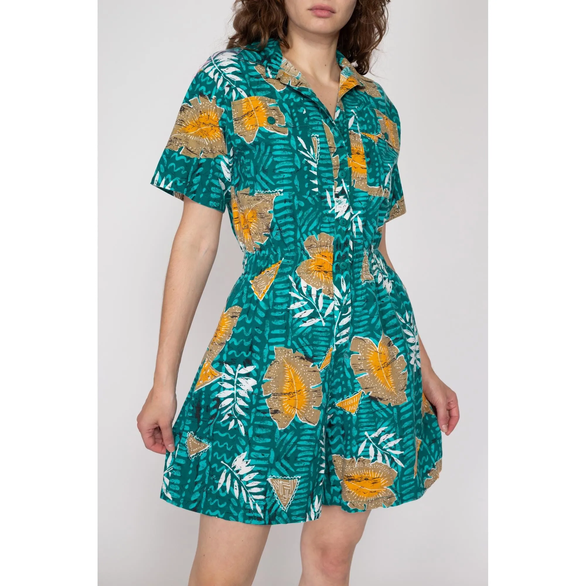 Small 90s Turquoise Tropical Leaf Print Cotton Romper